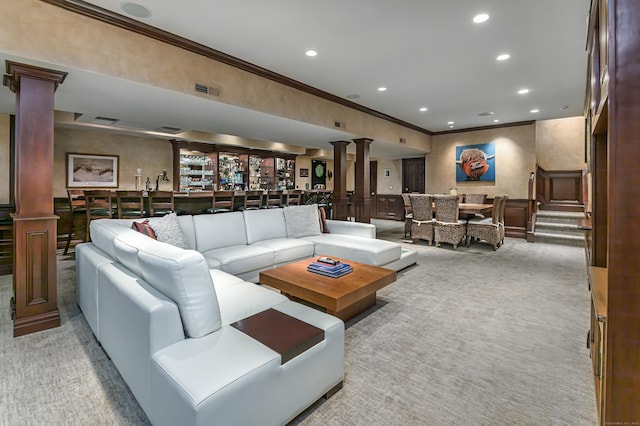 368 Nod Hill Rd, Wilton, CT 06897 - living area featuring ornate columns, ornamental molding, light carpet, and recessed lighting