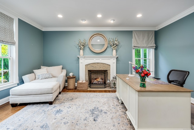15A Shore Rd, Waterford, CT 06385 - living area with crown molding, a fireplace with flush hearth, wood finished floors, recessed lighting, and an office area