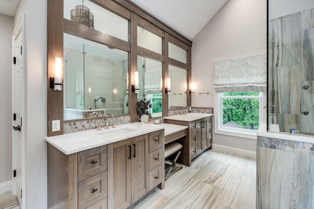 15A Shore Rd, Waterford, CT 06385 - bathroom with a stall shower, vanity, and vaulted ceiling