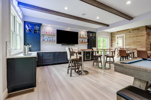 15A Shore Rd, Waterford, CT 06385 - rec room featuring bar with sink, light wood-type flooring, billiards, recessed lighting, and beamed ceiling