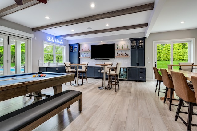 15A Shore Rd, Waterford, CT 06385 - playroom featuring bar area, beam ceiling, light wood-type flooring, pool table, and recessed lighting