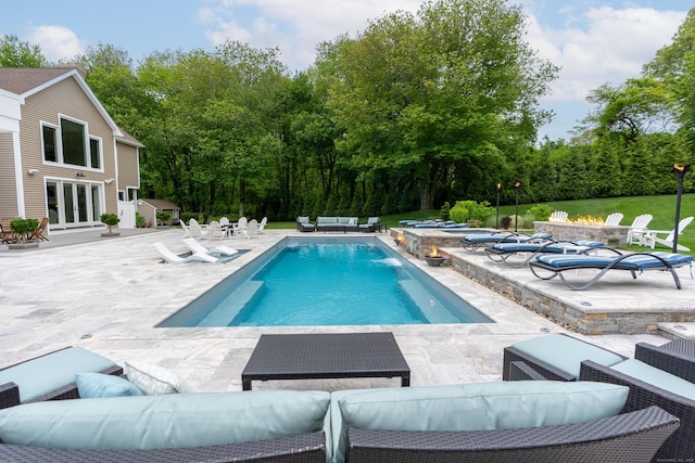 15A Shore Rd, Waterford, CT 06385 - swimming pool featuring an outdoor hangout area, a patio area, french doors, a jacuzzi, and view of scattered trees