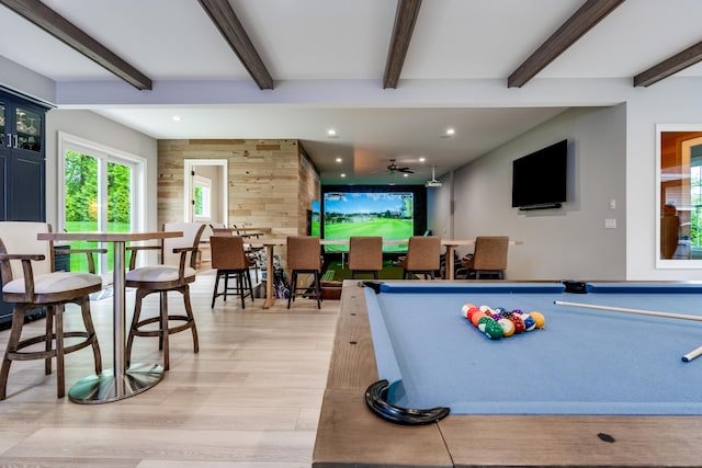 15A Shore Rd, Waterford, CT 06385 - playroom featuring light wood-type flooring, beam ceiling, recessed lighting, wooden walls, and pool table