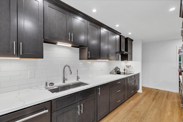 2 Quanaduck Cove Ct Unit 2, Stonington, CT 06378 - kitchen featuring a sink, stainless steel dishwasher, light wood finished floors, black electric stovetop, and backsplash