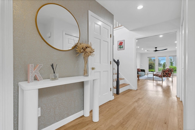 2 Quanaduck Cove Ct Unit 2, Stonington, CT 06378 - hall with wood finished floors, stairway, recessed lighting, and baseboards