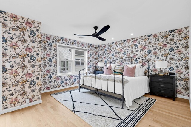 2 Quanaduck Cove Ct Unit 2, Stonington, CT 06378 - bedroom with wallpapered walls, baseboards, wood finished floors, and a ceiling fan
