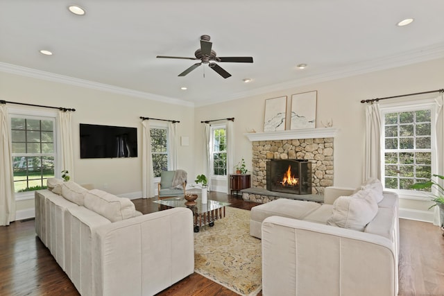 10 Easton Heights Ln, Easton, CT 06612 - living room with a fireplace, ceiling fan, dark wood-style flooring, crown molding, and baseboards