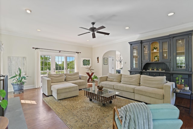 10 Easton Heights Ln, Easton, CT 06612 - living room featuring arched walkways, a ceiling fan, wood finished floors, recessed lighting, and ornamental molding