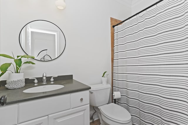 10 Easton Heights Ln, Easton, CT 06612 - bathroom with vanity, toilet, ornamental molding, and a shower with shower curtain
