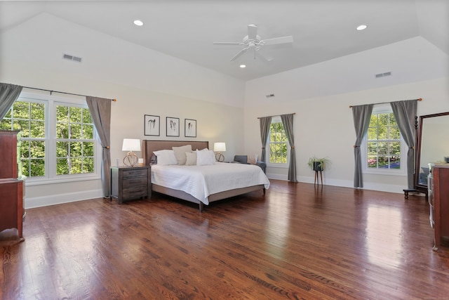 10 Easton Heights Ln, Easton, CT 06612 - bedroom featuring wood finished floors, recessed lighting, high vaulted ceiling, baseboards, and a ceiling fan