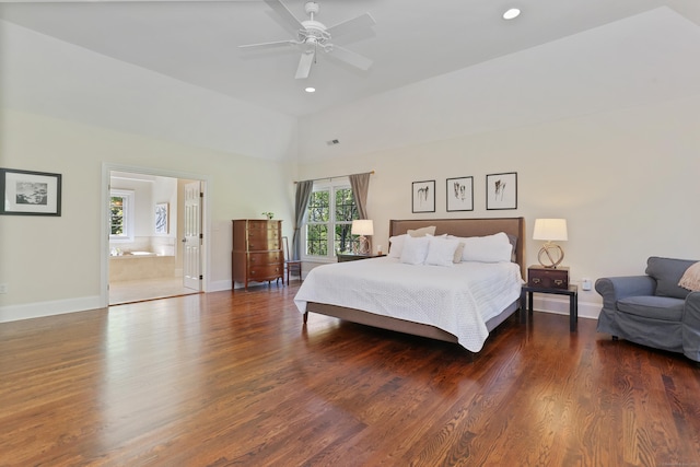 10 Easton Heights Ln, Easton, CT 06612 - bedroom with baseboards, lofted ceiling, wood finished floors, recessed lighting, and a ceiling fan