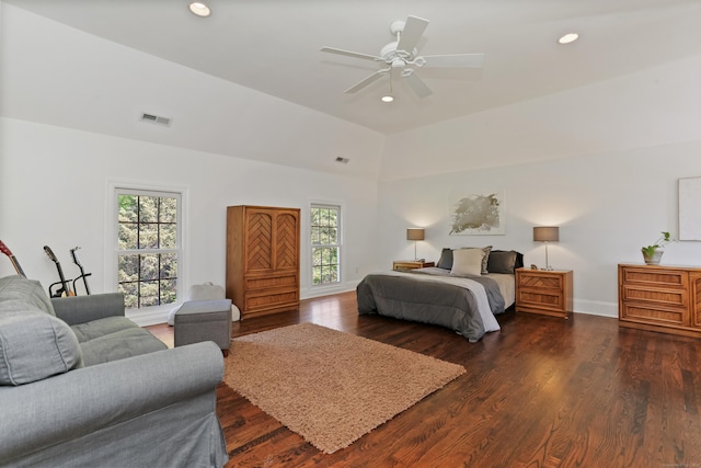 10 Easton Heights Ln, Easton, CT 06612 - bedroom with dark wood-type flooring, recessed lighting, ceiling fan, and vaulted ceiling