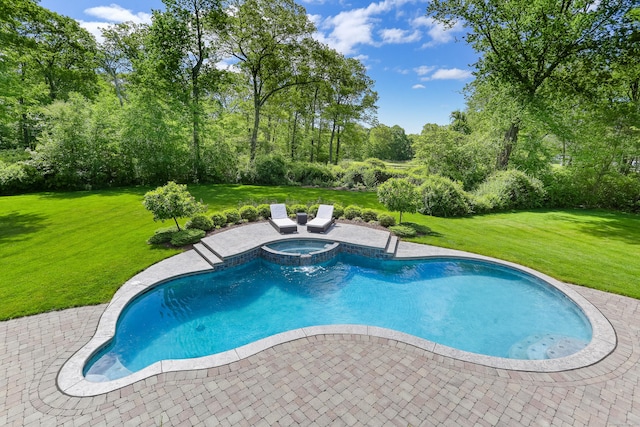 10 Easton Heights Ln, Easton, CT 06612 - view of pool with a patio, a lawn, and a pool with connected hot tub