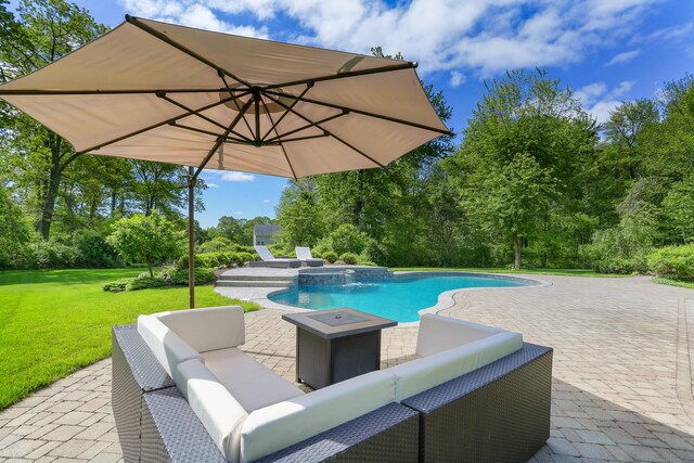 10 Easton Heights Ln, Easton, CT 06612 - view of swimming pool with a patio, an outdoor living space, view of scattered trees, and a yard