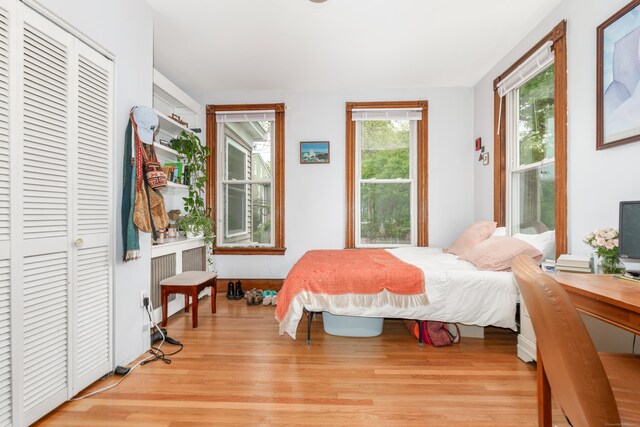 76 Edwards St, New Haven, CT 06511 - bedroom with radiator, light wood-style floors, and a closet