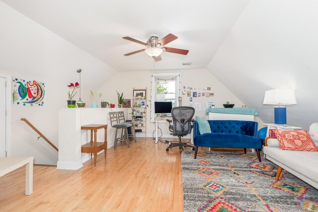 76 Edwards St, New Haven, CT 06511 - office featuring ceiling fan, wood-type flooring, vaulted ceiling, and baseboards