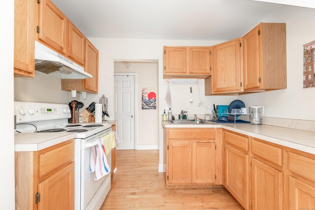 76 Edwards St, New Haven, CT 06511 - kitchen with white electric range, under cabinet range hood, a sink, light wood finished floors, and light countertops