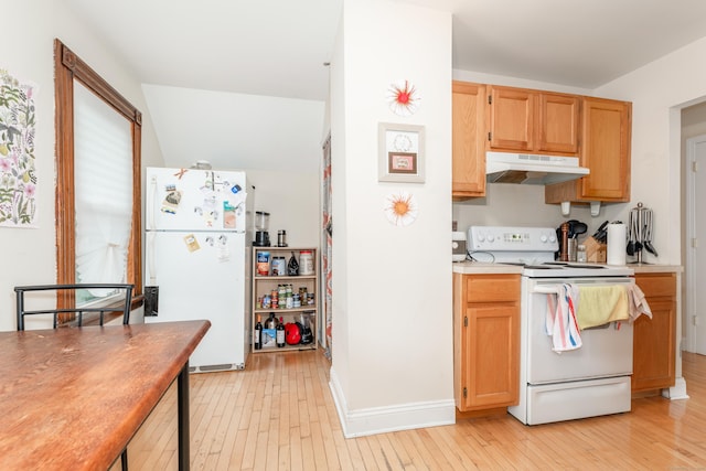 76 Edwards St, New Haven, CT 06511 - kitchen with white appliances, under cabinet range hood, light wood-style floors, light countertops, and baseboards