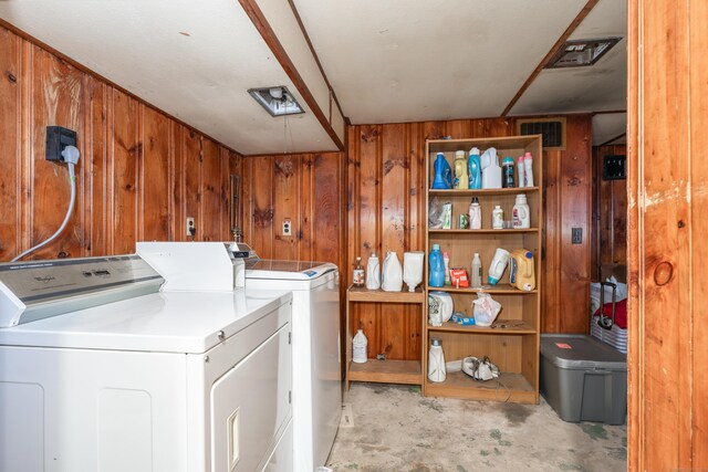 76 Edwards St, New Haven, CT 06511 - laundry area featuring wood walls and washer and dryer