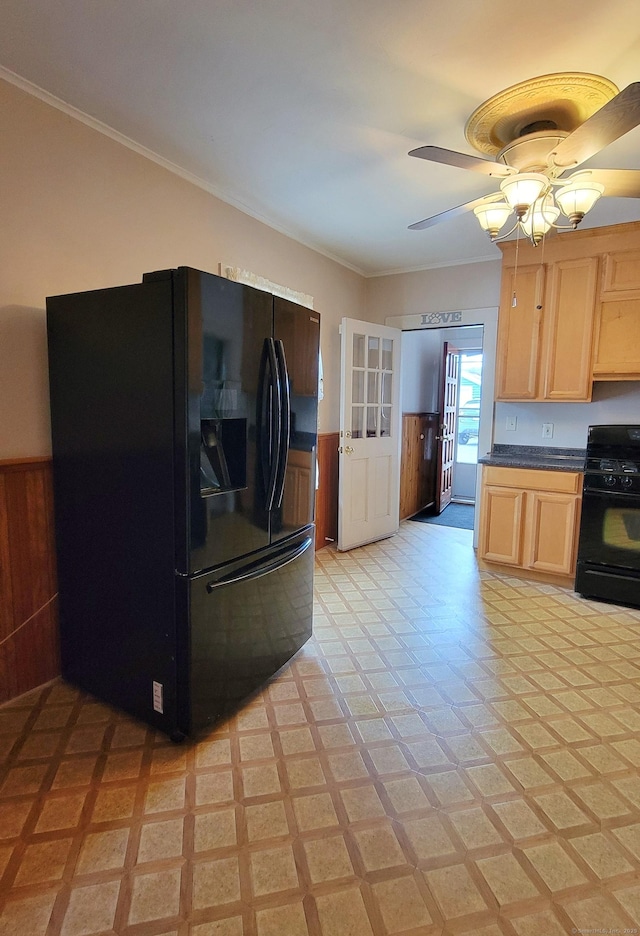 909 N Colony Rd, Meriden, CT 06450 - kitchen with black appliances, a wainscoted wall, light brown cabinets, ornamental molding, and ceiling fan