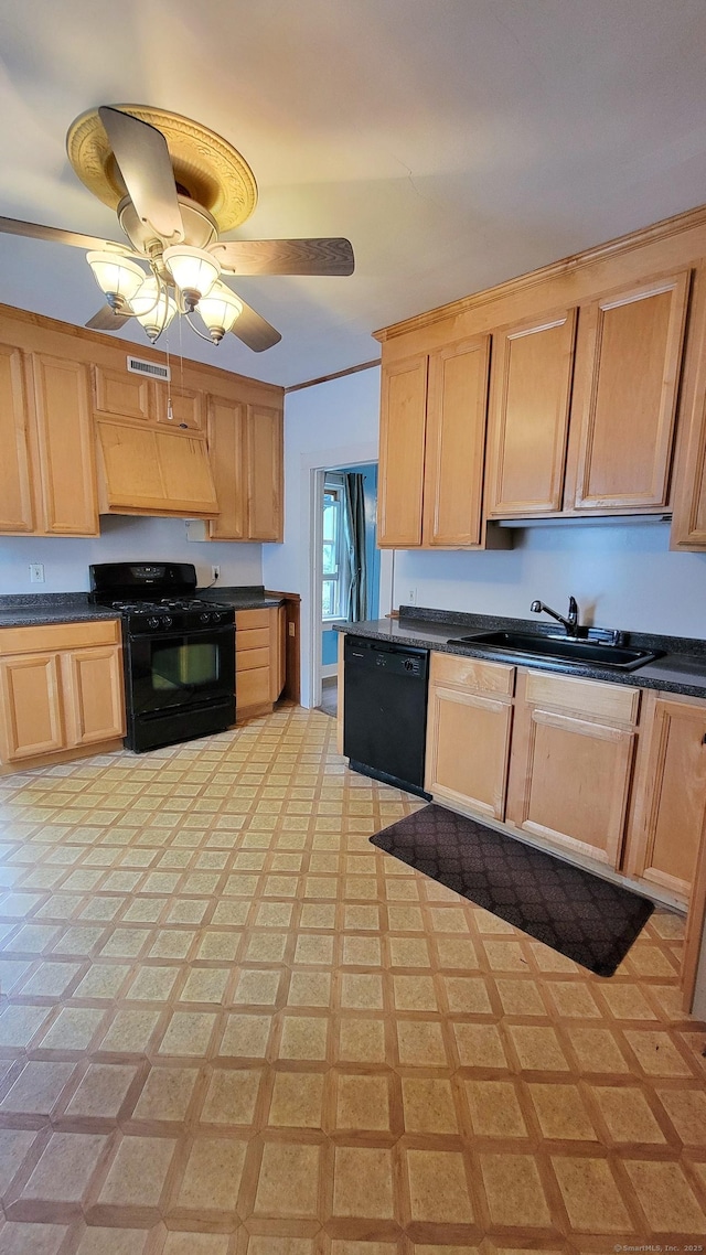 909 N Colony Rd, Meriden, CT 06450 - kitchen featuring black appliances, custom exhaust hood, a sink, light brown cabinets, and ceiling fan