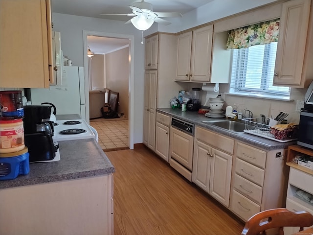 60 Engine House Rd Unit D, Stratford, CT 06614 - kitchen with dishwasher, ceiling fan, fridge, white electric range oven, and light wood-style flooring