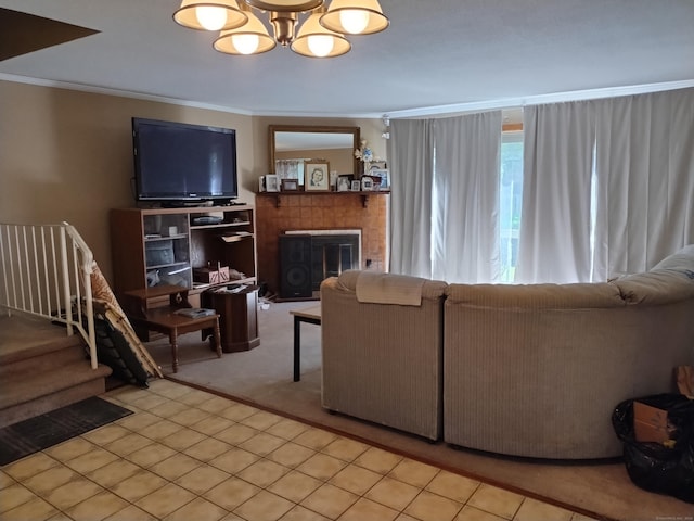 60 Engine House Rd Unit D, Stratford, CT 06614 - living area featuring a chandelier, crown molding, light colored carpet, stairs, and a fireplace