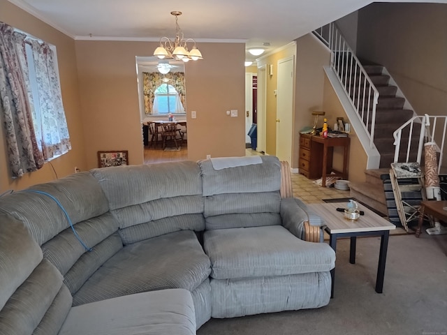 60 Engine House Rd Unit D, Stratford, CT 06614 - living room featuring a chandelier, stairway, ornamental molding, and carpet flooring