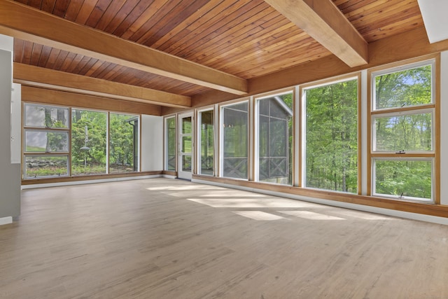 1 Indian Spring Ln, Norwich, CT 06360 - unfurnished sunroom with wood finished floors, wood ceiling with exposed beams, and baseboards