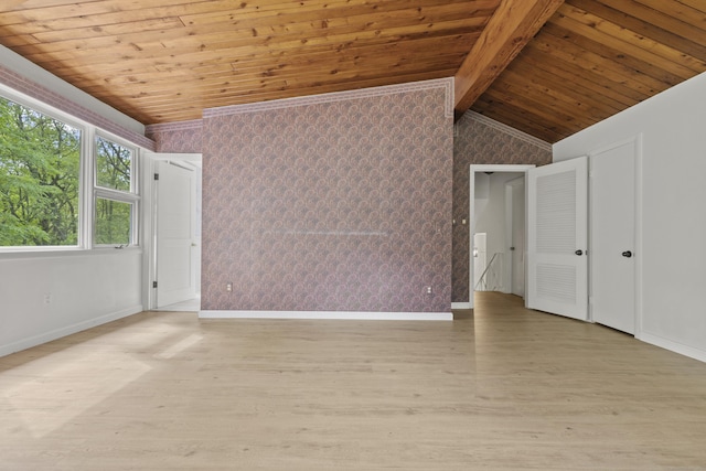 1 Indian Spring Ln, Norwich, CT 06360 - empty room with wood ceiling, wood finished floors, baseboards, and wallpapered walls