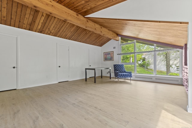1 Indian Spring Ln, Norwich, CT 06360 - bonus room featuring wood ceiling with exposed beams, radiator, wood finished floors, and high vaulted ceiling