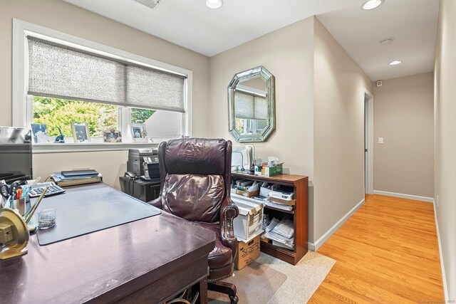 23 Mckeon Pl, Ridgefield, CT 06877 - office area featuring light wood-type flooring, baseboards, and recessed lighting