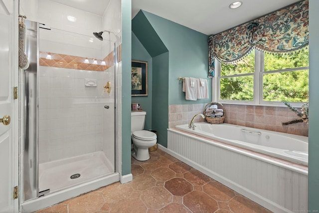 23 Mckeon Pl, Ridgefield, CT 06877 - bathroom with a stall shower, toilet, a garden tub, baseboards, and recessed lighting