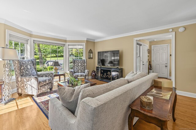 23 Mckeon Pl, Ridgefield, CT 06877 - living room with baseboards, wood finished floors, and crown molding