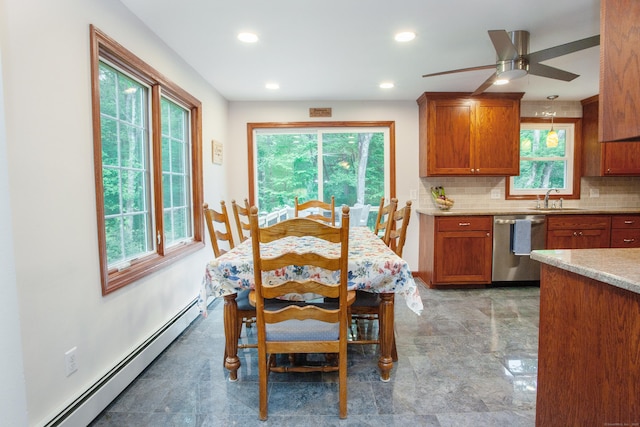 69 Fernwood Dr, Simsbury, CT 06070 - dining room with a baseboard radiator, healthy amount of natural light, recessed lighting, and ceiling fan
