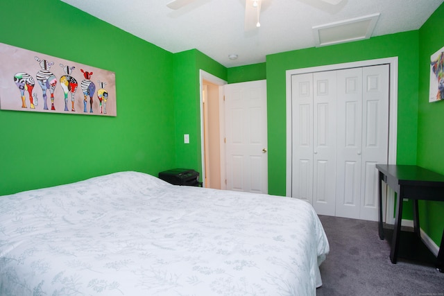 69 Fernwood Dr, Simsbury, CT 06070 - bedroom featuring dark colored carpet, attic access, a closet, ceiling fan, and baseboards