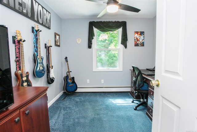 69 Fernwood Dr, Simsbury, CT 06070 - office area featuring dark colored carpet, a baseboard heating unit, baseboards, and a ceiling fan