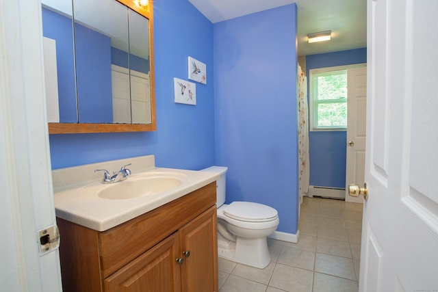 69 Fernwood Dr, Simsbury, CT 06070 - bathroom featuring a baseboard radiator, vanity, tile patterned floors, and toilet