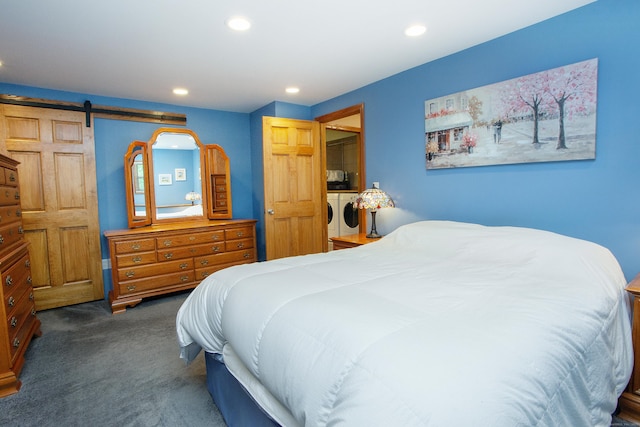69 Fernwood Dr, Simsbury, CT 06070 - bedroom with washing machine and dryer, carpet flooring, recessed lighting, and a barn door