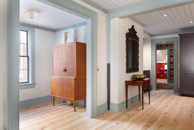 14 Main St, Salisbury, CT 06039 - hall with ornamental molding, light wood finished floors, baseboards, and wood ceiling