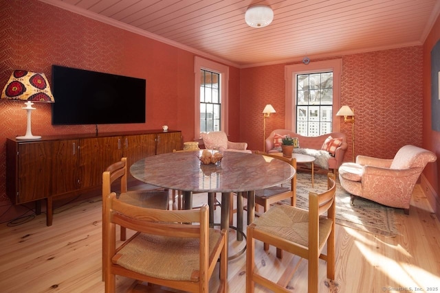 14 Main St, Salisbury, CT 06039 - dining room with crown molding, wood finished floors, wallpapered walls, and wooden ceiling