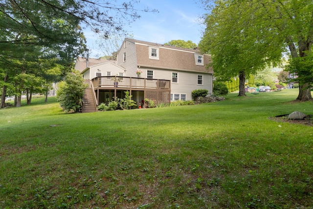 2 Latimer Ct, Waterford, CT 06385 - back of property with a gambrel roof, a wooden deck, stairway, and a yard