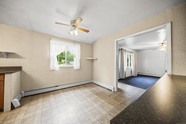 34 Benedict Dr, South Windsor, CT 06074 - unfurnished living room with ceiling fan, a baseboard radiator, healthy amount of natural light, and tile patterned floors