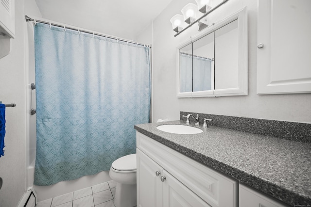 34 Benedict Dr, South Windsor, CT 06074 - bathroom featuring vanity, a baseboard radiator, and shower / bath combo with shower curtain