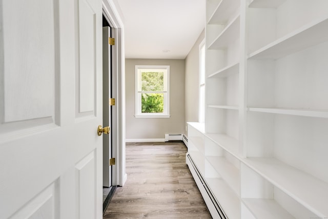 143 Clark Hill Rd, East Haddam, CT 06423 - hallway with wood finished floors, a baseboard radiator, and baseboards