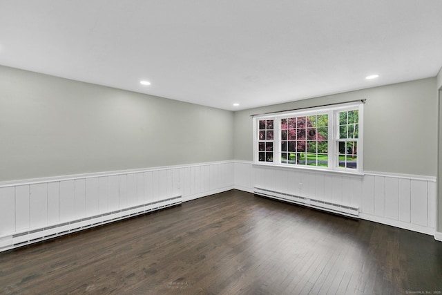2 Broken Arrow Dr, East Granby, CT 06026 - empty room with a baseboard heating unit, a wainscoted wall, wood-type flooring, and recessed lighting