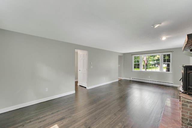 2 Broken Arrow Dr, East Granby, CT 06026 - unfurnished living room featuring a baseboard radiator, a wood stove, dark wood-style floors, and baseboards