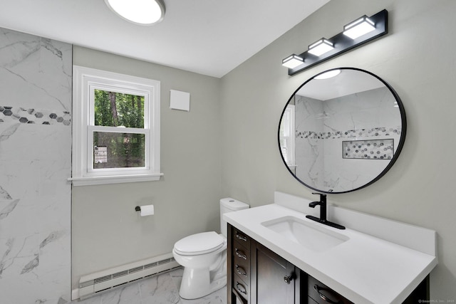 2 Broken Arrow Dr, East Granby, CT 06026 - full bath featuring a baseboard radiator, marble look tiles, vanity, a marble finish shower, and toilet