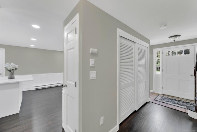 2 Broken Arrow Dr, East Granby, CT 06026 - entryway with a baseboard radiator, dark wood-style flooring, recessed lighting, and baseboards