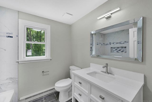 2 Broken Arrow Dr, East Granby, CT 06026 - full bathroom featuring a baseboard radiator, marble look tiles, vanity, toilet, and baseboards